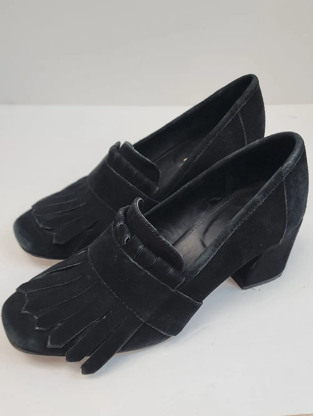 Black Suede Fringe Block Heel Loafers - Women